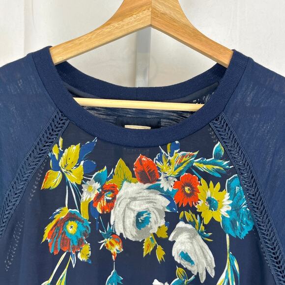 TINY Anthropologie Carley Floral Top Short Sleeve Drawstring Hem Blue Multi S - Picture 5 of 10